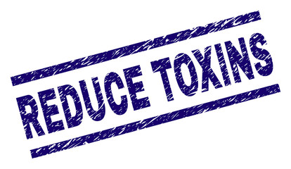 REDUCE TOXINS seal stamp with grunge style. Blue vector rubber print of REDUCE TOXINS tag with grunge texture. Text title is placed between parallel lines.