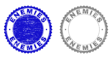 Grunge ENEMIES stamp seals isolated on a white background. Rosette seals with distress texture in blue and gray colors. Vector rubber stamp imprint of ENEMIES title inside round rosette.
