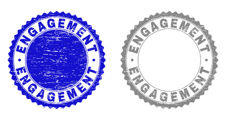 Grunge ENGAGEMENT stamp seals isolated on a white background. Rosette seals with distress texture in blue and gray colors. Vector rubber stamp imprint of ENGAGEMENT label inside round rosette.