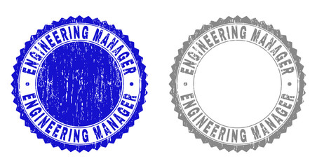 Grunge ENGINEERING MANAGER stamp seals isolated on a white background. Rosette seals with distress texture in blue and grey colors.
