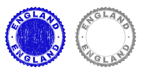 Grunge ENGLAND stamp seals isolated on a white background. Rosette seals with grunge texture in blue and gray colors. Vector rubber watermark of ENGLAND text inside round rosette.