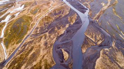 Flussbett mit vielen Armen aus der Luft, Island