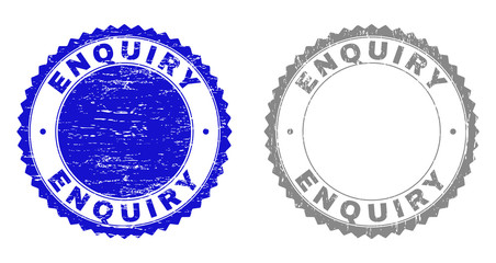 Grunge ENQUIRY stamp seals isolated on a white background. Rosette seals with grunge texture in blue and gray colors. Vector rubber stamp imprint of ENQUIRY text inside round rosette.