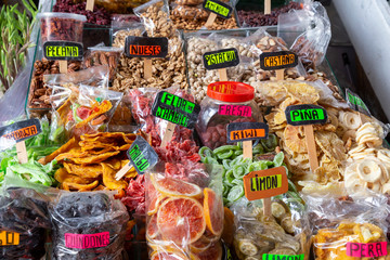 CUZCO, PERU - December 15, 2018: A dried fruit stall in Mercado San Pedro market