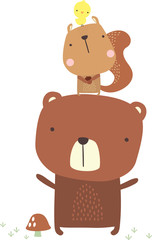 cute bear and squirrel illustration with little bird. hand drawn style. can be used for nursery decoration, baby and kids wear, fashion print design