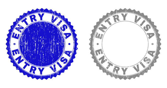 Grunge ENTRY VISA stamp seals isolated on a white background. Rosette seals with grunge texture in blue and grey colors. Vector rubber stamp imitation of ENTRY VISA text inside round rosette.