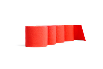 Rolls of red coral toilet paper isolated on white background.