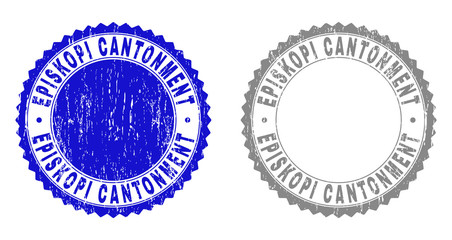 Fototapeta na wymiar Grunge EPISKOPI CANTONMENT stamp seals isolated on a white background. Rosette seals with grunge texture in blue and grey colors.