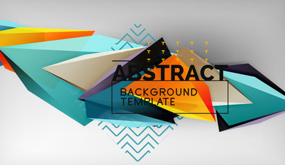 3d geometric triangular shapes abstract background, color triangles composition on grey backdrop, business or hi-tech conceptual wallpaper