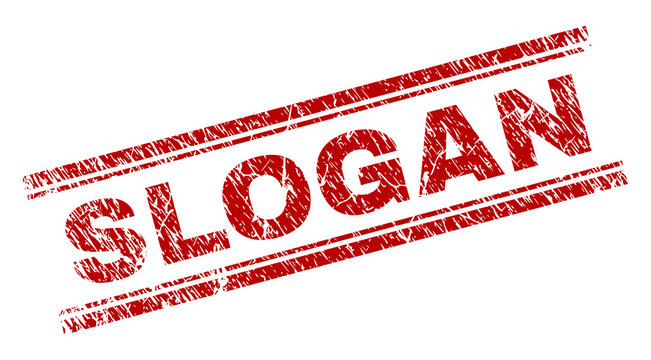 SLOGAN seal print with corroded texture. Red vector rubber print of SLOGAN tag with dirty texture. Text tag is placed between double parallel lines.