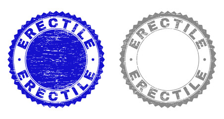 Obraz premium Grunge ERECTILE stamp seals isolated on a white background. Rosette seals with grunge texture in blue and grey colors. Vector rubber stamp imitation of ERECTILE label inside round rosette.