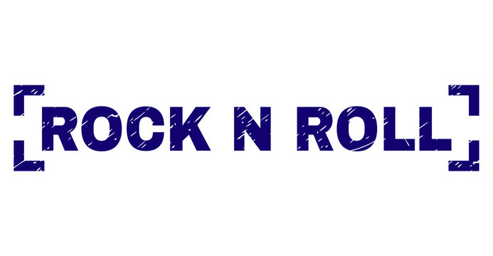 ROCK N ROLL label seal print with grunge style. Text label is placed between corners. Blue vector rubber print of ROCK N ROLL with grunge texture.