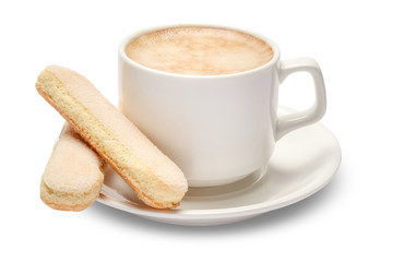 White ceramic cup of coffee with a savoiardi ladyfinger cookie on a plate