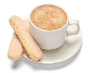 White ceramic cup of coffee with a savoiardi ladyfinger cookie on a plate