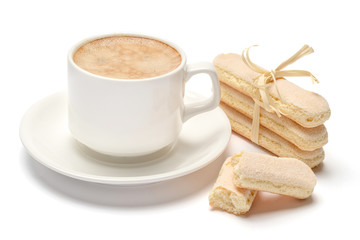 White ceramic cup of coffee with a savoiardi ladyfinger cookie on a plate