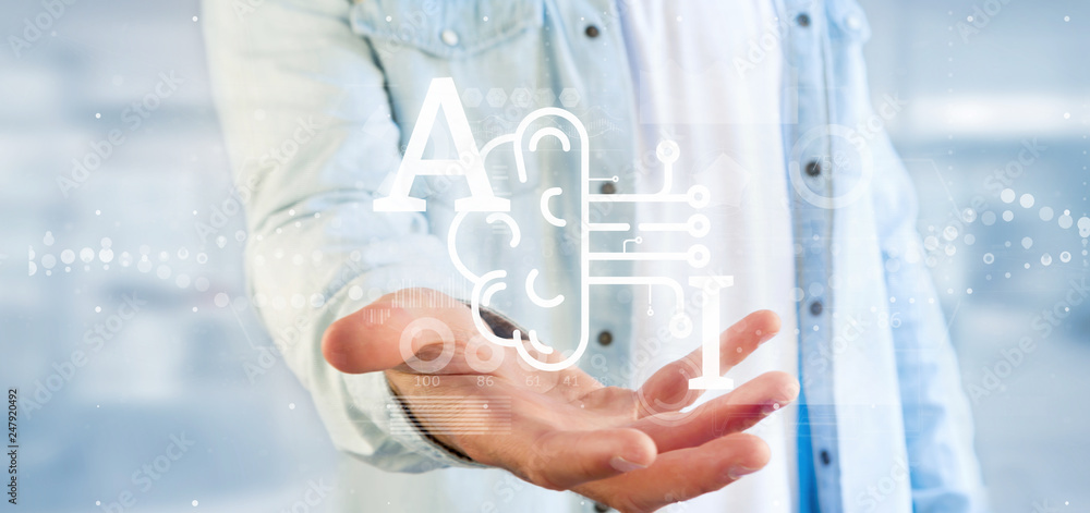 Poster business man holding artificial intelligence icon with half brain and half circuit 3d rendering