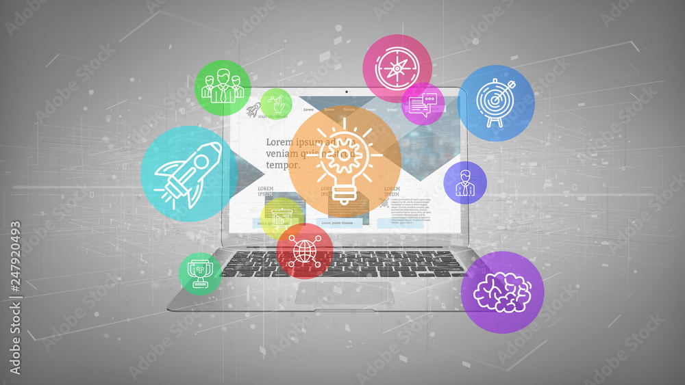 Poster view of a cloud of colorfull start up icon bubble with a laptop 3d rendering