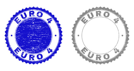 Grunge EURO 4 stamp seals isolated on a white background. Rosette seals with grunge texture in blue and grey colors. Vector rubber stamp imprint of EURO 4 text inside round rosette.