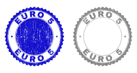 Grunge EURO 5 stamp seals isolated on a white background. Rosette seals with grunge texture in blue and grey colors. Vector rubber stamp imprint of EURO 5 label inside round rosette.