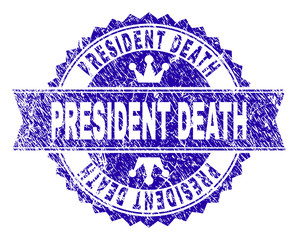 PRESIDENT DEATH rosette seal watermark with distress effect. Designed with round rosette, ribbon and small crowns. Blue vector rubber watermark of PRESIDENT DEATH title with dirty texture.