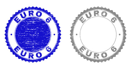 Grunge EURO 6 stamp seals isolated on a white background. Rosette seals with grunge texture in blue and gray colors. Vector rubber stamp imprint of EURO 6 text inside round rosette.
