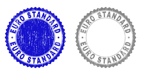 Grunge EURO STANDARD stamp seals isolated on a white background. Rosette seals with grunge texture in blue and grey colors. Vector rubber stamp imprint of EURO STANDARD text inside round rosette.