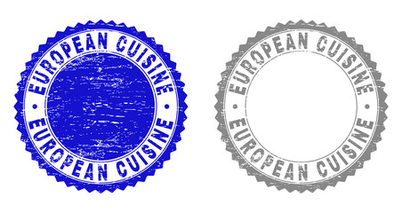 Grunge EUROPEAN CUISINE stamp seals isolated on a white background. Rosette seals with grunge texture in blue and grey colors.