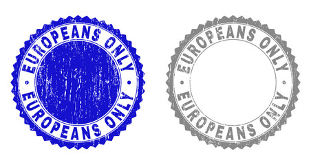 Grunge EUROPEANS ONLY stamp seals isolated on a white background. Rosette seals with grunge texture in blue and gray colors. Vector rubber stamp imitation of EUROPEANS ONLY tag inside round rosette.