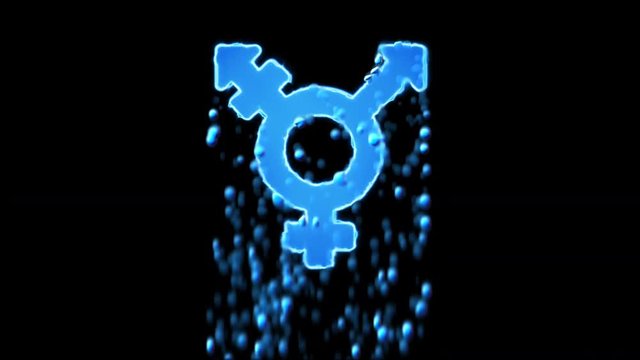 Liquid symbol transgender appears with water droplets. Then dissolves with drops of water. Alpha channel black