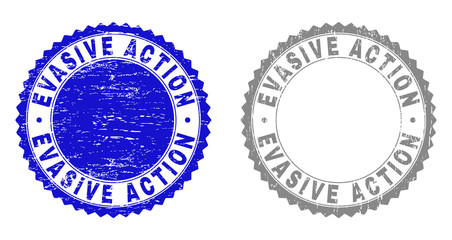 Grunge EVASIVE ACTION stamp seals isolated on a white background. Rosette seals with grunge texture in blue and grey colors. Vector rubber stamp imitation of EVASIVE ACTION label inside round rosette.