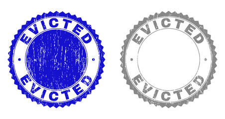 Grunge EVICTED stamp seals isolated on a white background. Rosette seals with grunge texture in blue and gray colors. Vector rubber stamp imitation of EVICTED label inside round rosette.