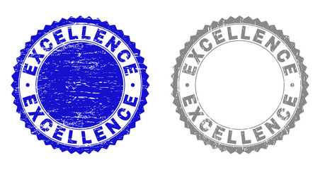 Grunge EXCELLENCE stamp seals isolated on a white background. Rosette seals with grunge texture in blue and grey colors. Vector rubber stamp imitation of EXCELLENCE label inside round rosette.
