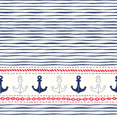 Hand-Drawn Horizontal Border with Ropes, Chains and Anchors Vector Seamless Pattern. Red, White, Blue Marine Background © Anna Putina