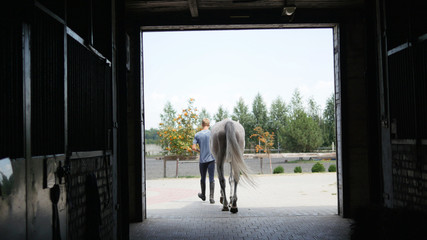 Young jockey walking with a horse out of a stable. Man leading equine out of barn. Male silhouette with stallion. Rear back view. Love for animal. Beautiful background