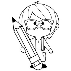 Little child student holding a big pencil. Vector black and white coloring page