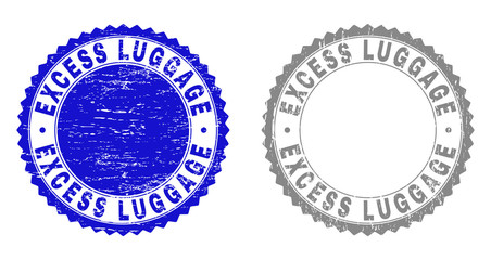Grunge EXCESS LUGGAGE stamp seals isolated on a white background. Rosette seals with grunge texture in blue and gray colors. Vector rubber stamp imitation of EXCESS LUGGAGE tag inside round rosette.