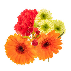 Bouquet of gerbera, carnation, chrysanthemum flowers on white background.