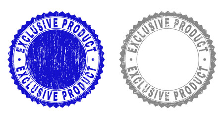 Grunge EXCLUSIVE PRODUCT stamp seals isolated on a white background. Rosette seals with grunge texture in blue and grey colors.