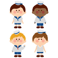 Children in nautical sailor outfits. Vector illustration