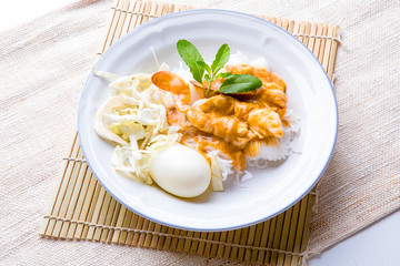 Rice noodle with crab sauce. Rice noodles with curry with crab, spices and coconut milk. View from the top