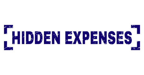 HIDDEN EXPENSES text seal print with distress texture. Text title is placed inside corners. Blue vector rubber print of HIDDEN EXPENSES with unclean texture.
