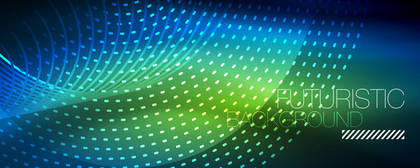 Fototapeta premium Glowing light particles in dark neon space, magic glow shiny abstract background