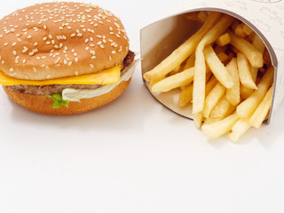 fast food fries burger on white background.
