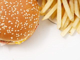 fast food fries burger on white background.