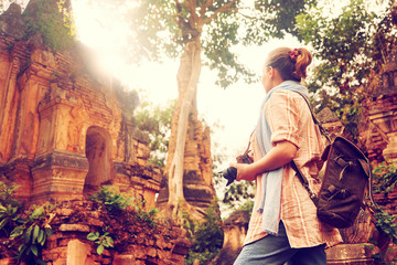 Traveller with backpack explore at Buddhist ancient temple in Indein. Myanmar