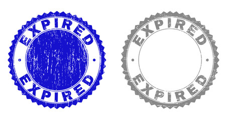 Grunge EXPIRED stamp seals isolated on a white background. Rosette seals with grunge texture in blue and gray colors. Vector rubber stamp imprint of EXPIRED title inside round rosette.