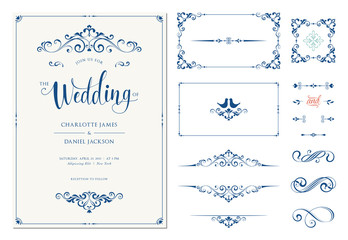 Ornate wedding invitation. Calligraphic vintage elements, dividers and page decorations.