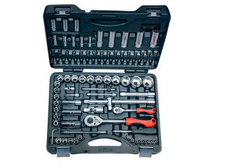 set of chrome heads and holders in a grey box isolated on white background