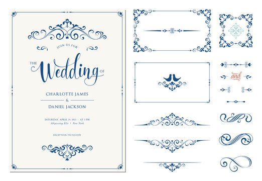 Ornate wedding invitation. Calligraphic vintage elements, dividers and page decorations.