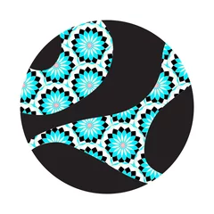 Stof per meter ethnic style circular symbol floral pattern blue white black © L.Dep